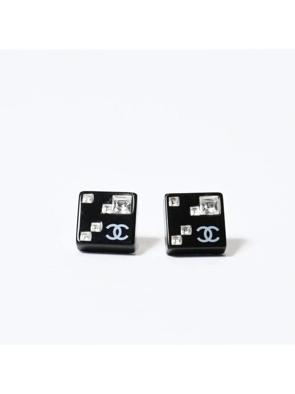 Chanel CC Logo Earrings 05 Acrylic Rhinestone Black Clear Silver